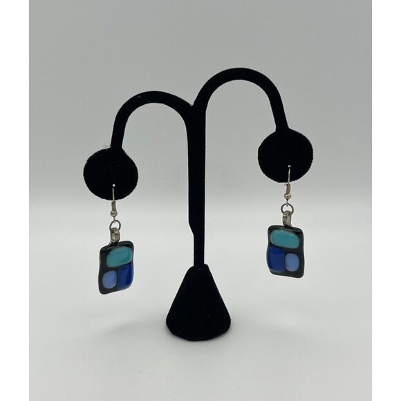 Fused Glass Dangle Earrings Blues Black Rectangles 2" Pierced - Picture 1 of 9